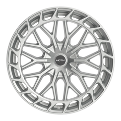 GLOSS SILVER BOLT ON COVER CAP WITH BLACK EMBLEM AND BRUSHED "MOTIV" LOGO FOR MOTIV 442