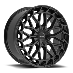 GLOSS BLACK BOLT ON COVER CAP WITH BLACK EMBLEM AND BRUSHED "MOTIV" LOGO FOR MOTIV 442