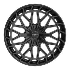 GLOSS BLACK BOLT ON COVER CAP WITH BLACK EMBLEM AND BRUSHED "MOTIV" LOGO FOR MOTIV 442