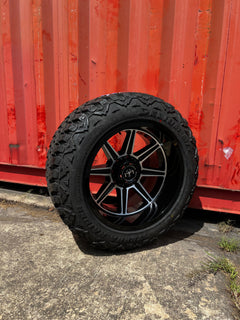 20x12 8x6.5 Motiv Balast Machine 428MB wheels and 33x12.50 Delium MT KU-253 tires